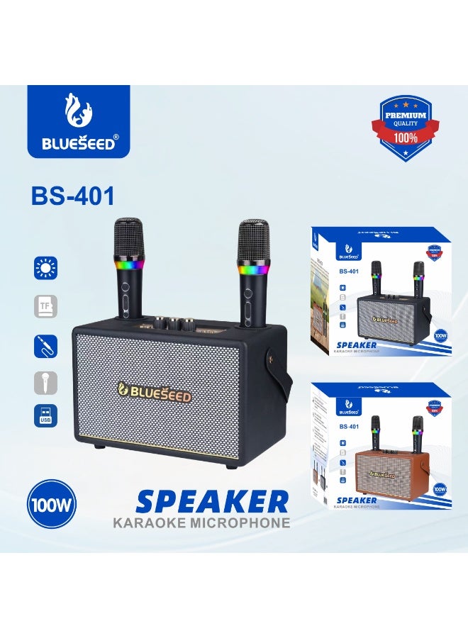 BLUESEED مكبر صوت كاريوكي BLUESEED BS-401، نظام كاريوكي بلوتوث بقوة 100 واط مع ميكروفونين لاسلكيين مزدوجين، مدخل USB/TF/AUX، تصميم صندوق خشبي، مكبر صوت كاريوكي منزلي بأسلوب عتيق - Image 4