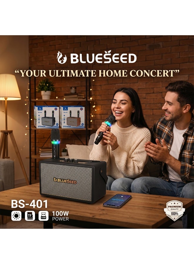 BLUESEED مكبر صوت كاريوكي BLUESEED BS-401، نظام كاريوكي بلوتوث بقوة 100 واط مع ميكروفونين لاسلكيين مزدوجين، مدخل USB/TF/AUX، تصميم صندوق خشبي، مكبر صوت كاريوكي منزلي بأسلوب عتيق - Image 3