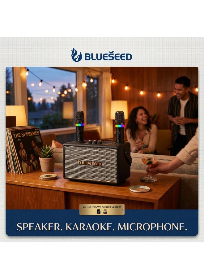 BLUESEED مكبر صوت كاريوكي BLUESEED BS-401، نظام كاريوكي بلوتوث بقوة 100 واط مع ميكروفونين لاسلكيين مزدوجين، مدخل USB/TF/AUX، تصميم صندوق خشبي، مكبر صوت كاريوكي منزلي بأسلوب عتيق - Image 2