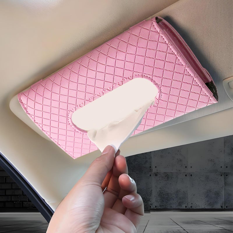 Hbxdeco Car Tissue Holder Leather Tissue Holder for Car Sun Visor Rectangular Auto Sun Visor Napkin Holder Mask Dispenser Universal Vehicle Tissue Box Sun Visor Accessory PlaidPink - Image 3