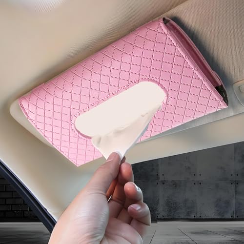 Hbxdeco Car Tissue Holder Leather Tissue Holder for Car Sun Visor Rectangular Auto Sun Visor Napkin Holder Mask Dispenser Universal Vehicle Tissue Box Sun Visor Accessory PlaidPink - Image 1