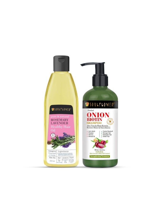 Soulflower Rosemary Lavender Hair Oil 225ml & Onion Biotin Shampoo 300ml Combo, Hair Growth, Nourishment, Healthy Hair, Paraben & Mineral Oil Free, Vegan, Cruelty Free - Image 1