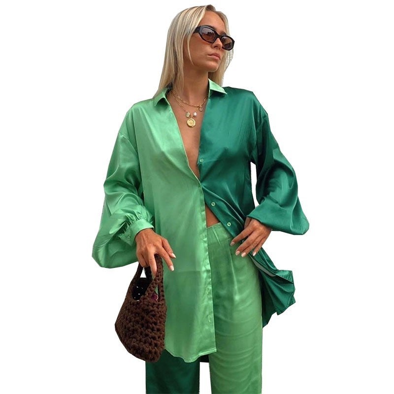 African Cross-border Source 2023 New Printed Two-color Top Trousers Casual Suit Basic Womens Clothing Green - Image 1