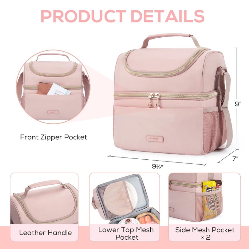 TOURIT Insulated Lunch Bag with Dual Compartment, Leakproof Cooler Tote for Work Office Picnic, Thermal Food Container Pink - Image 4