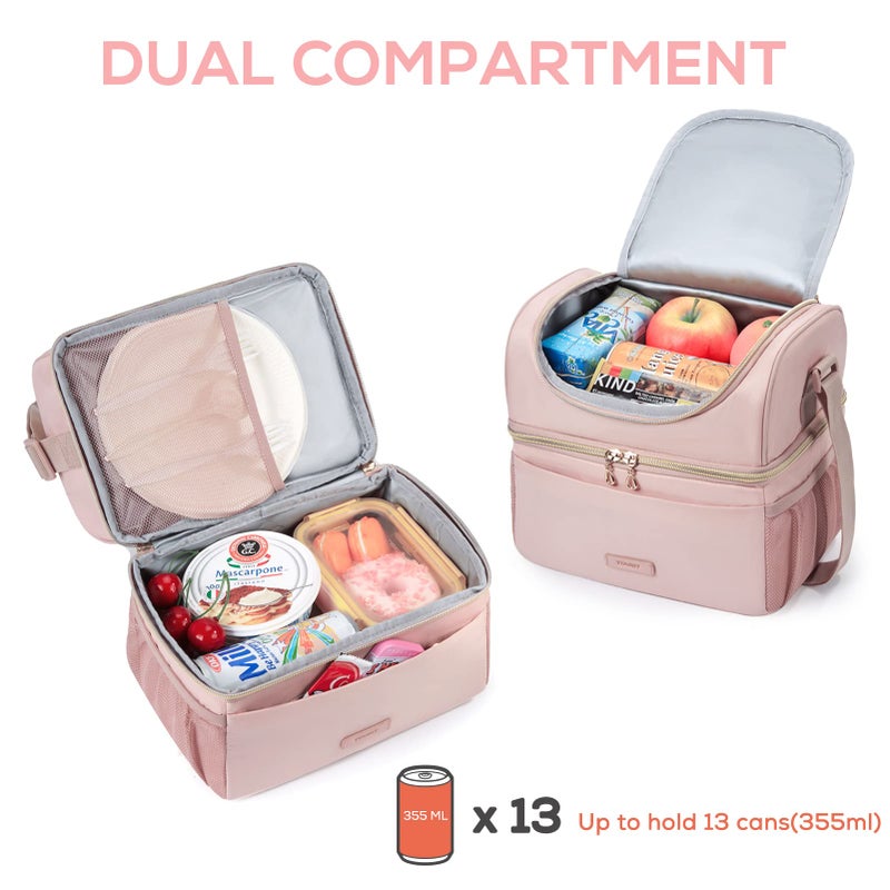 TOURIT Insulated Lunch Bag with Dual Compartment, Leakproof Cooler Tote for Work Office Picnic, Thermal Food Container Pink - Image 2
