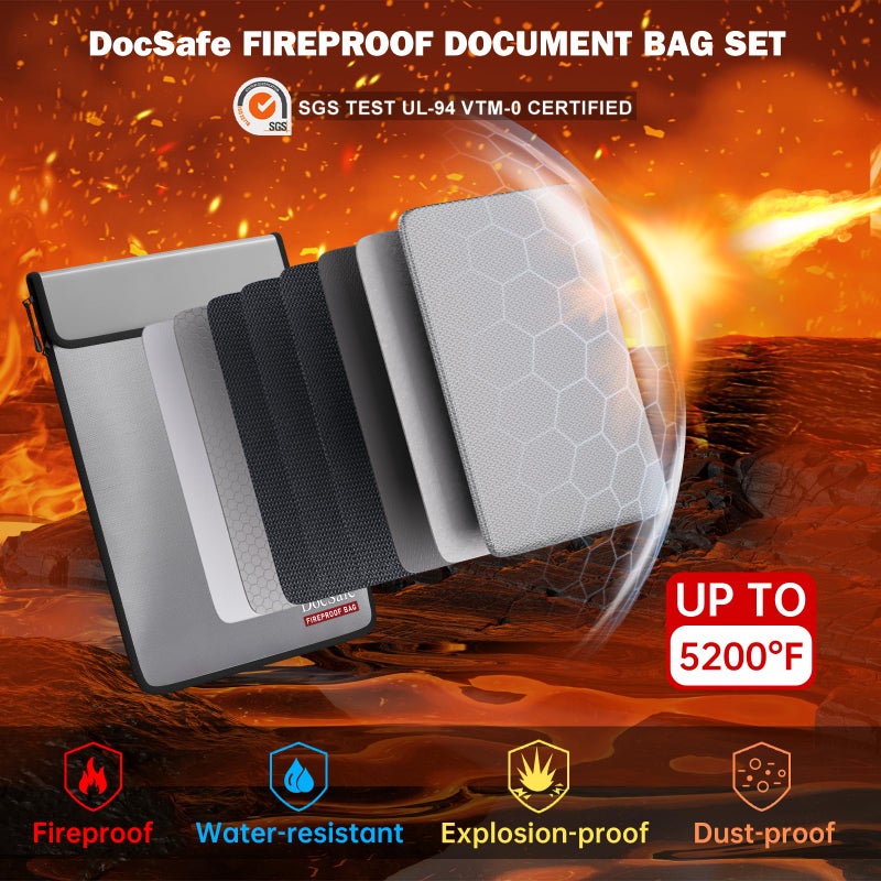 DocSafe Fireproof Document Bag (5200â„‰) with Fireproof Organizer Travel Case,Heat Insulated Fireï¼†Water Resistant 8 Layers Safe Money Bag Storage for Important Documents,Cash,Power Bank,Valuables,Gray - Image 2