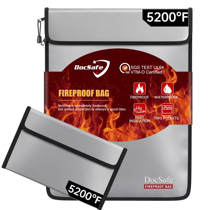 DocSafe Fireproof Document Bag (5200â„‰) with Fireproof Organizer Travel Case,Heat Insulated Fireï¼†Water Resistant 8 Layers Safe Money Bag Storage for Important Documents,Cash,Power Bank,Valuables,Gray - Image 1