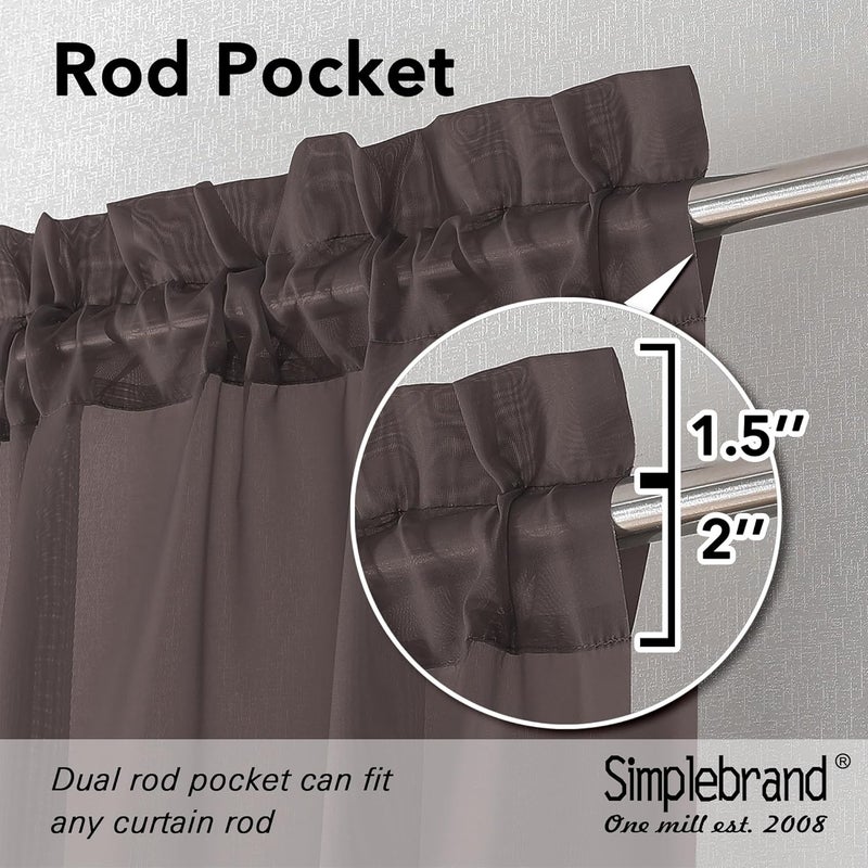SimpleBrand Chocolate Sheer Curtains 84 Inches Long, Light Filtering Rod Pocket Solid Color Window Sheer Curtain Panels, Elegant Curtains & Drapes for Living Room, Bedroom 2 Panels (42" W x 84" L) - Image 2