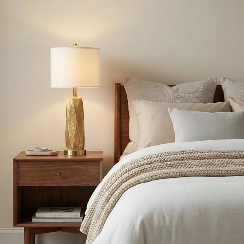 BOBOMOMO 27.5" Gold Table Lamps Set of 2 with USB-A & USB-C Charging Ports, Textured Resin Bedside Lamps with Linen Shade & Rotary Switch, Tall Nightstand Lamps for Bedroom, Living Room Office - Image 4
