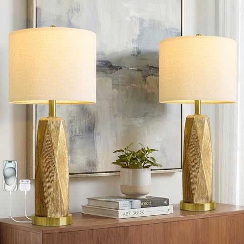BOBOMOMO 27.5" Gold Table Lamps Set of 2 with USB-A & USB-C Charging Ports, Textured Resin Bedside Lamps with Linen Shade & Rotary Switch, Tall Nightstand Lamps for Bedroom, Living Room Office - Image 1