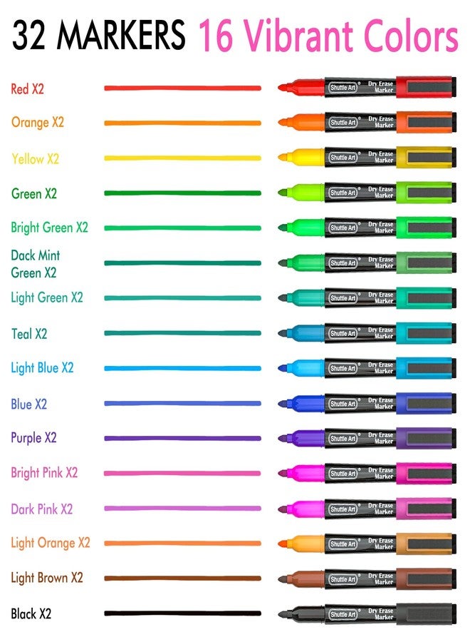 Shuttle Art 32 Pack Whiteboard Pens, 16 Colours Magnetic Whiteboard Markers, Dry Wipe Markers with Eraser, Dry Wipe Pens for Writing on Whiteboards, Weekly Planner, Glass for School Office Home - Image 3