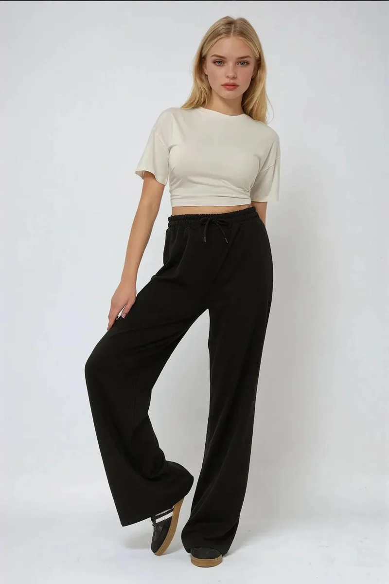 Hiccup Black Wide Leg Elastic Sweatpants for Women | Best Price UAE