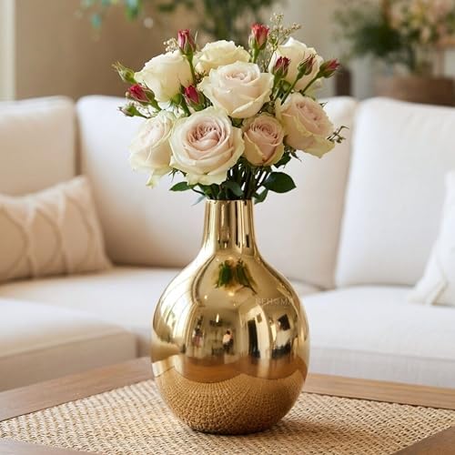 BEHOMA Glossy Golden Metal Flower Vase for Home Décor | Valentine Gift for Girlfriend, Wife & Loved Ones | Table Decoration Flower Pot for Living Room & Office | 1Pcs (7") (Flower not Included) - Image 1