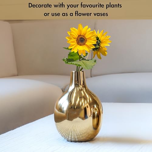 BEHOMA Glossy Golden Metal Flower Vase for Home Décor | Valentine Gift for Girlfriend, Wife & Loved Ones | Table Decoration Flower Pot for Living Room & Office | 1Pcs (7") (Flower not Included) - Image 5