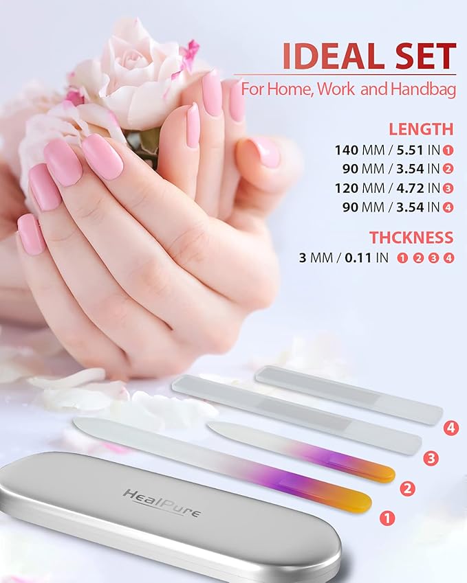 HealPure Glass Nail File and Shiner 4PC Double Sided Etched Crystal Nail Buffer Files and Nano Nail Polishers Professional Salon Manicure Tools Kit for Acrylic and Natural Nail Black - Image 4