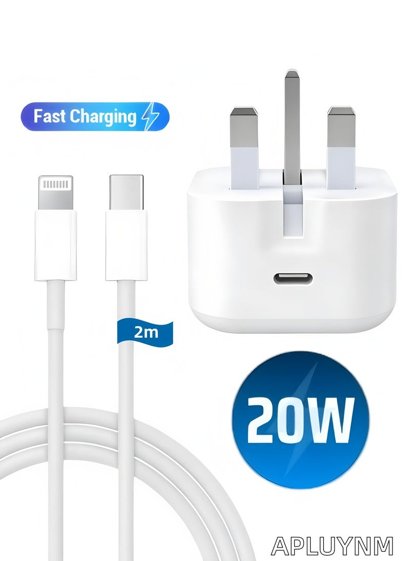 أبلينم شاحن سريع 20 واط لأجهزة آيفون | شاحن جداري سريع بمنفذ USB-C مع كابل USB-C إلى Lightning (طوله 2 متر) متوافق مع أجهزة آيفون 14/14 برو/14 برو ماكس/13/12/SE 2020/11/XR/XS ماكس/X/آيباد - Image 1