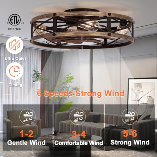 SHLUCE 22" Farmhouse Ceiling Fan with Light, Rustic Caged Bladeless Low Profile Ceiling Fans with Lights and Remote, Modern Flush Mount Ceiling Fans with Lights for Bedroom, Living Room - ETL - Image 3