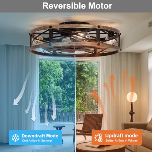 SHLUCE 22" Farmhouse Ceiling Fan with Light, Rustic Caged Bladeless Low Profile Ceiling Fans with Lights and Remote, Modern Flush Mount Ceiling Fans with Lights for Bedroom, Living Room - ETL - Image 4