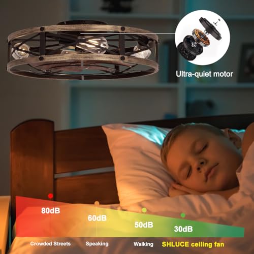 SHLUCE 22" Farmhouse Ceiling Fan with Light, Rustic Caged Bladeless Low Profile Ceiling Fans with Lights and Remote, Modern Flush Mount Ceiling Fans with Lights for Bedroom, Living Room - ETL - Image 5