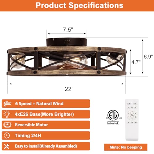 SHLUCE 22" Farmhouse Ceiling Fan with Light, Rustic Caged Bladeless Low Profile Ceiling Fans with Lights and Remote, Modern Flush Mount Ceiling Fans with Lights for Bedroom, Living Room - ETL - Image 2