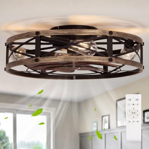 SHLUCE 22" Farmhouse Ceiling Fan with Light, Rustic Caged Bladeless Low Profile Ceiling Fans with Lights and Remote, Modern Flush Mount Ceiling Fans with Lights for Bedroom, Living Room - ETL - Image 1