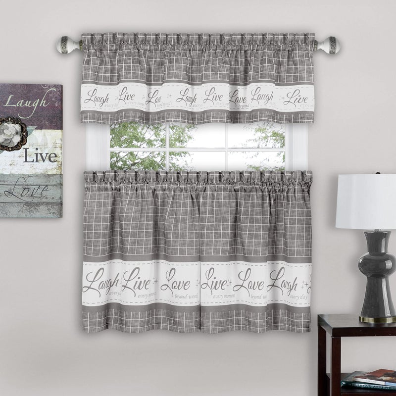 ACHIM Tier and Valance Window Curtain Set 58 Inch Width 24 Inch Length Live Love Laugh Grey Light Filtering Drapes for Kitchen Bedroom Living Dining Room Home Decor