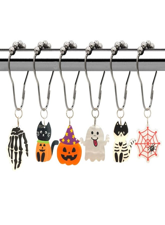 Halloween Shower Curtain Hooks for Halloween Bathroom Decor - Rustproof Stainless Steel Shower Curtain Rings Hangers Set of 12, Spider Webs Witch Hat Pumpkin Black Cute Cat Bathroom Accessories Set - Image 1