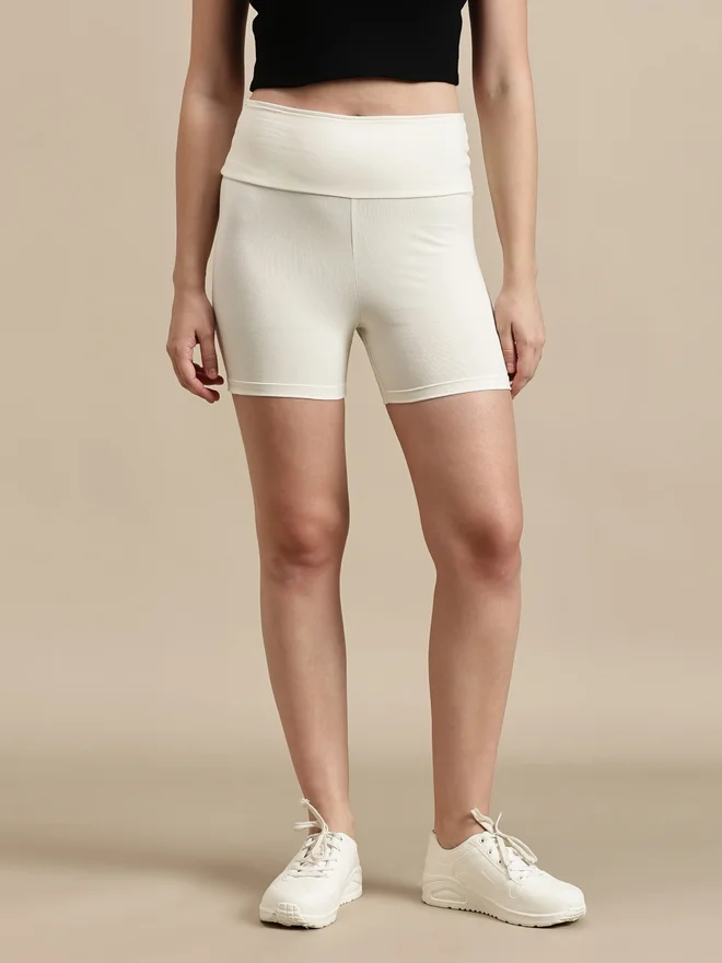 Ecolore Off White Plain Wide Elastic Waistband Shorts