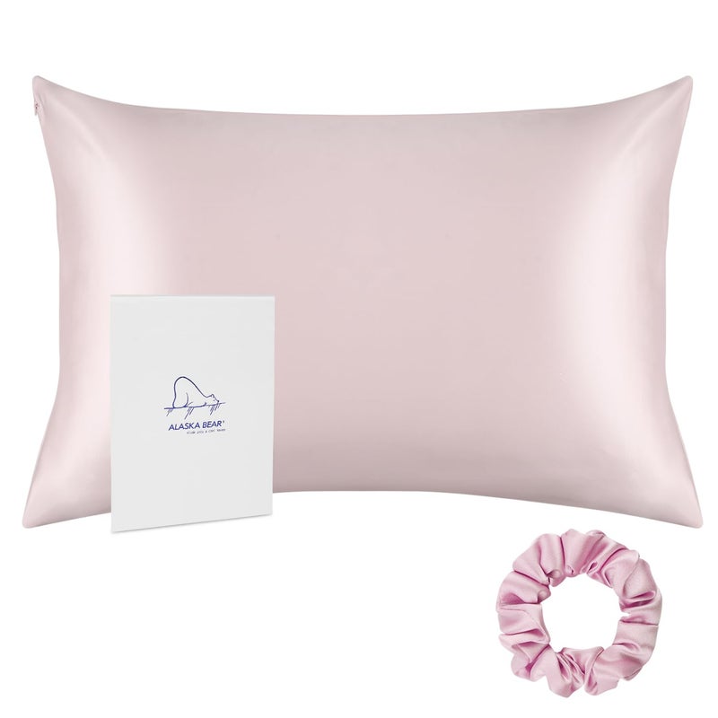 ALASKA BEAR Silk Pillowcase 200 Good Looks on You for Hair and Skin Care Soft Pillow Case with Random Color Scrunchie Gift Set Queen 1pc Pale Pink