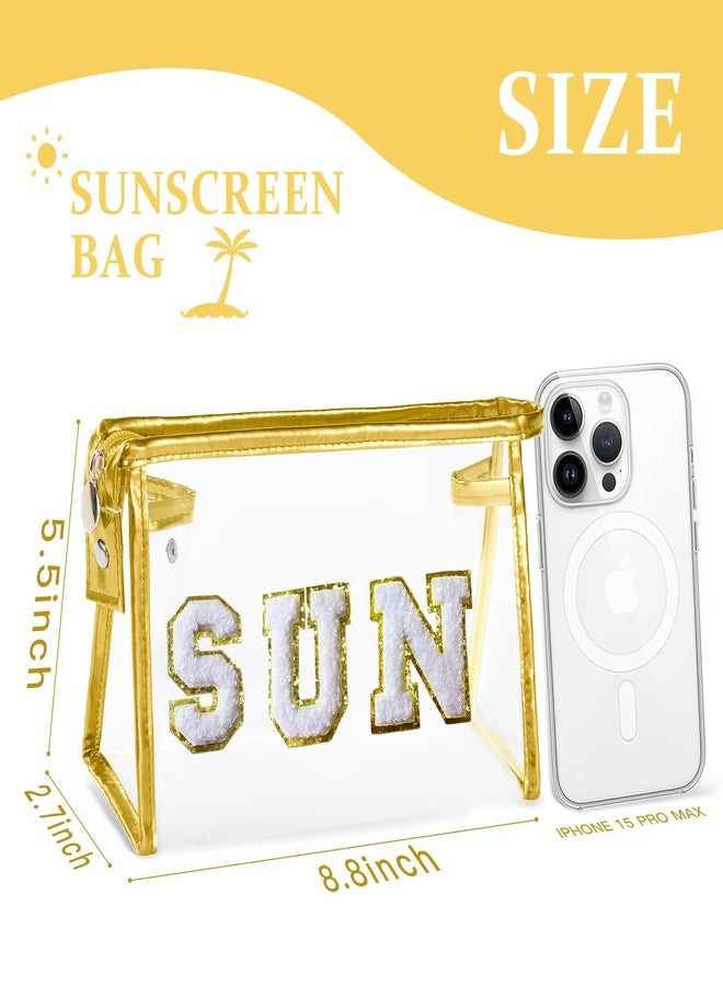 COSHAYSOO Clear Makeup Bag Sunscreen Zipper Pouch Women Fashion Beach Vacation Essentials Travel Summer Pool Stuff for Teenager Girls Preppy Gifts with Trendy Cute Chenille Letter Golden SUN - Image 2