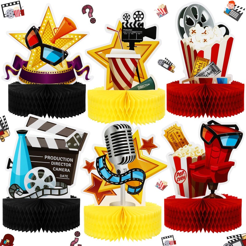 Sumind 6 Pcs Large Movie Nights Party Decoration Honeycomb Centerpiece Movie Theater Table Topper Camera Clapperboard Film 3D Glasses Microphone Centerpiece Sign Table Decor for Birthday Party Favors - Image 2
