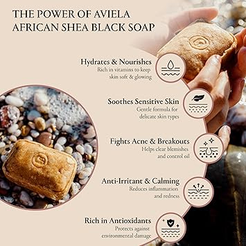 Aviela African Black Soap Bar Contains Shea Butter Clears Exfoliates Skin Vegan Cruelty Free 100 Natural Unrefined African Shea Butter Face Body Soap 120g - Image 2