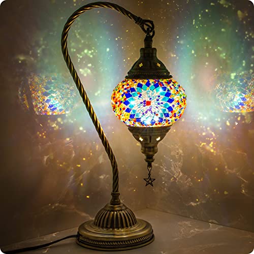 Yarra-Decor Turkish Moroccan Lamp with Bronze Base 3 Color Options Handmade Swan Neck Tiffany Mosaic Glass Bedside Lamps for Bedroom (LED Bulb Included)(1) - Image 1