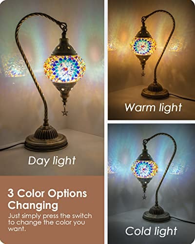 Yarra-Decor Turkish Moroccan Lamp with Bronze Base 3 Color Options Handmade Swan Neck Tiffany Mosaic Glass Bedside Lamps for Bedroom (LED Bulb Included)(1) - Image 2