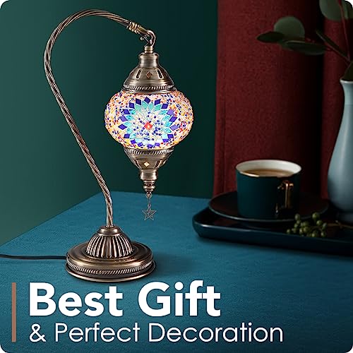 Yarra-Decor Turkish Moroccan Lamp with Bronze Base 3 Color Options Handmade Swan Neck Tiffany Mosaic Glass Bedside Lamps for Bedroom (LED Bulb Included)(1) - Image 3