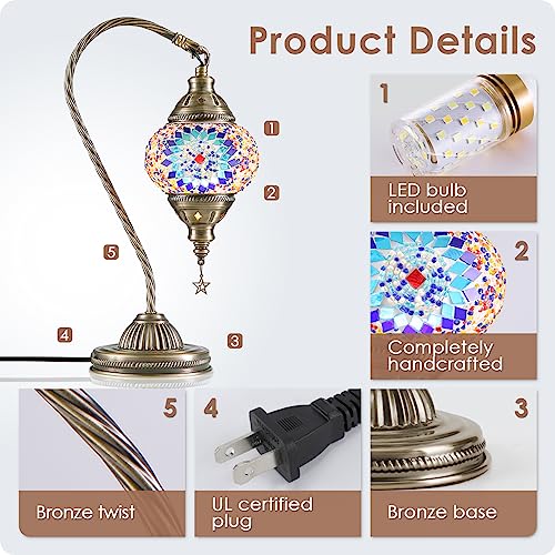 Yarra-Decor Turkish Moroccan Lamp with Bronze Base 3 Color Options Handmade Swan Neck Tiffany Mosaic Glass Bedside Lamps for Bedroom (LED Bulb Included)(1) - Image 5