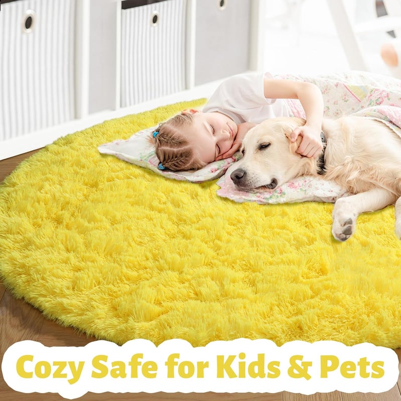 Amdrebio Yellow Circle Round Rug 6Ft for Living Room Bedroom, Fluffy Fuzzy Shag Furry Area Rugs for Baby Kids Room Decor Aesthetic, Cute Plush Kawaii Carpet for Classroom Nursery Teen Girls Boys - Image 2