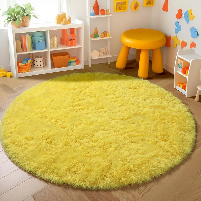 Amdrebio Yellow Circle Round Rug 6Ft for Living Room Bedroom, Fluffy Fuzzy Shag Furry Area Rugs for Baby Kids Room Decor Aesthetic, Cute Plush Kawaii Carpet for Classroom Nursery Teen Girls Boys - Image 3