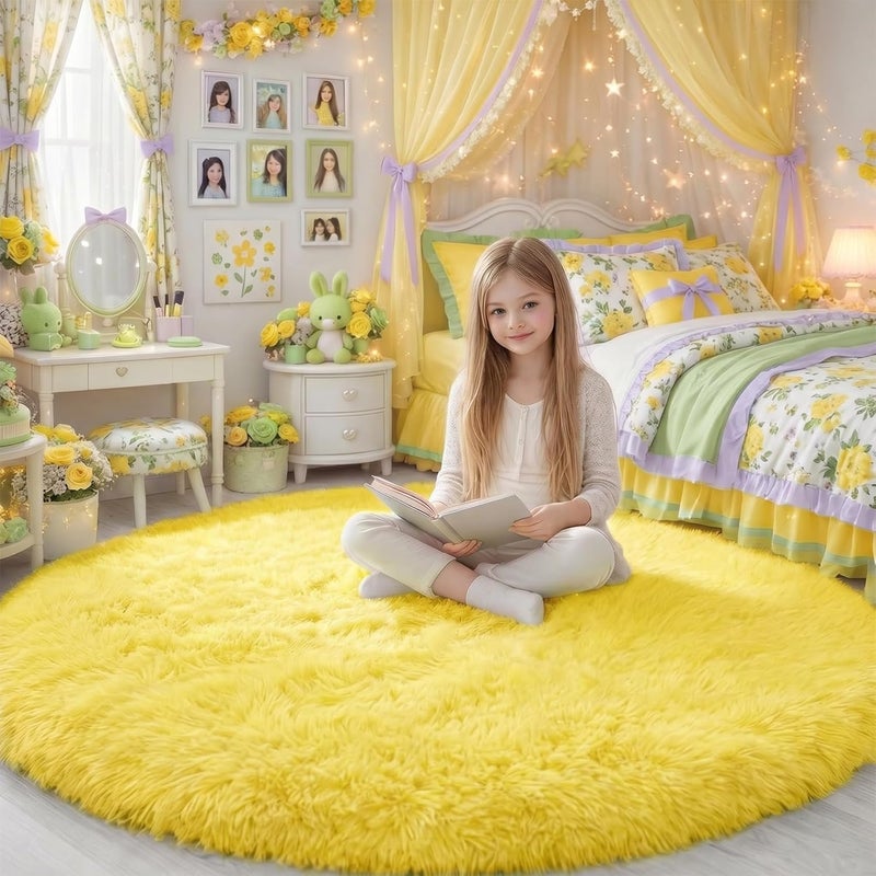 Amdrebio Yellow Circle Round Rug 6Ft for Living Room Bedroom, Fluffy Fuzzy Shag Furry Area Rugs for Baby Kids Room Decor Aesthetic, Cute Plush Kawaii Carpet for Classroom Nursery Teen Girls Boys - Image 1