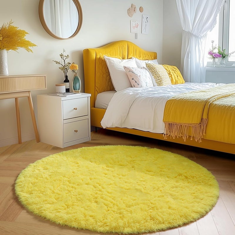 Amdrebio Yellow Circle Round Rug 6Ft for Living Room Bedroom, Fluffy Fuzzy Shag Furry Area Rugs for Baby Kids Room Decor Aesthetic, Cute Plush Kawaii Carpet for Classroom Nursery Teen Girls Boys - Image 5