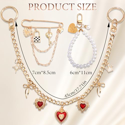 BELICEY Gold Bag Charm Chain Red Heart Rhinestone Purse Charms Set Dazzling Bow Purse Chain Elegant Pearls for Valentine‘s Day Handbag Safety Pin for Wallet Crossbody Shoulder Bags Accessories - Image 2