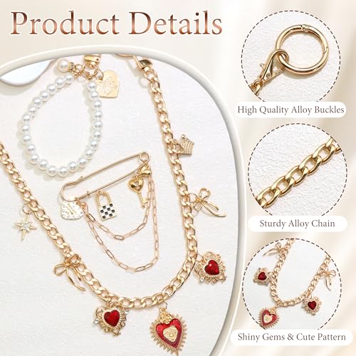 BELICEY Gold Bag Charm Chain Red Heart Rhinestone Purse Charms Set Dazzling Bow Purse Chain Elegant Pearls for Valentine‘s Day Handbag Safety Pin for Wallet Crossbody Shoulder Bags Accessories - Image 3