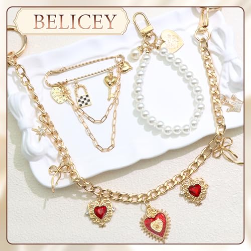 BELICEY Gold Bag Charm Chain Red Heart Rhinestone Purse Charms Set Dazzling Bow Purse Chain Elegant Pearls for Valentine‘s Day Handbag Safety Pin for Wallet Crossbody Shoulder Bags Accessories - Image 5