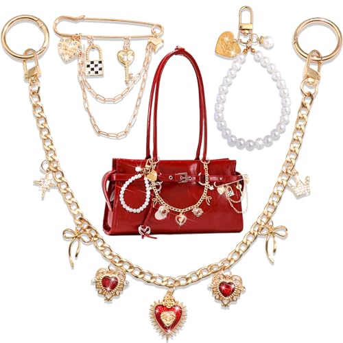 BELICEY Gold Bag Charm Chain Red Heart Rhinestone Purse Charms Set Dazzling Bow Purse Chain Elegant Pearls for Valentine‘s Day Handbag Safety Pin for Wallet Crossbody Shoulder Bags Accessories - Image 1