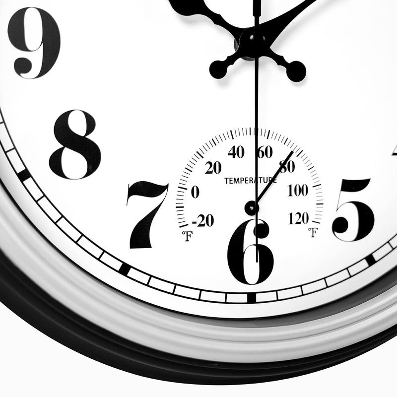 JENLYSTIME 12 Inch Indoor/Outdoor Retro Waterproof Wall Clock with Thermometer Silent Round Quartz Battery Operated Easy to Read Decorative for Kitchen Patio,Bathroom,Deck,Porch,Pool(Silver) - Image 3