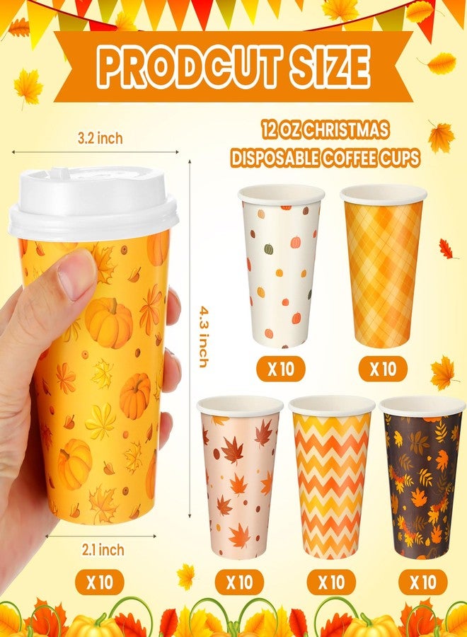 Sliner 60 Pcs Fall Disposable Coffee Cups with Lids 12 oz Fall Coffee Cup Autumn Paper Cups Pumpkin Beverage Drinking Cup for Autumn Thanksgiving Harvest Party Supplies - Image 2