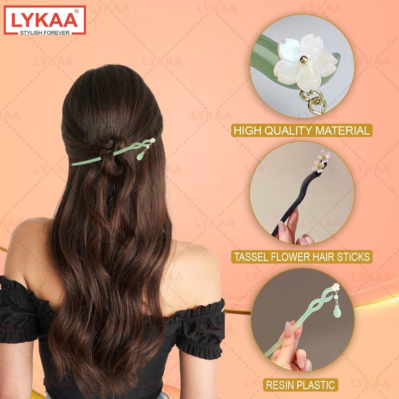 LYKAA دبابيس شعر جودا الخشبية والراتنج الأنيقة من LYKAA للنساء، عيدان شعر، دبابيس شعر للكرات، إكسسوارات شعر أفضل هدية للأم، الأخت | عبوة من 2 (أخضر وأسود) - Image 3