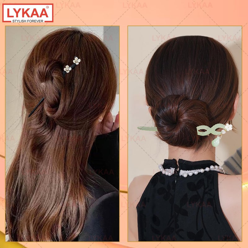 LYKAA دبابيس شعر جودا الخشبية والراتنج الأنيقة من LYKAA للنساء، عيدان شعر، دبابيس شعر للكرات، إكسسوارات شعر أفضل هدية للأم، الأخت | عبوة من 2 (أخضر وأسود) - Image 4