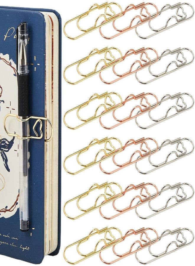 SOFPLATE 1 Box 18Pcs 3 Colors Heart Pen Clip Metal Pencil Clips Multifunctional Rose Gold Silver Carbon Steel Paperclip Portable Large Size Holder for Notebook Book Journal Office School Accessories - Image 1