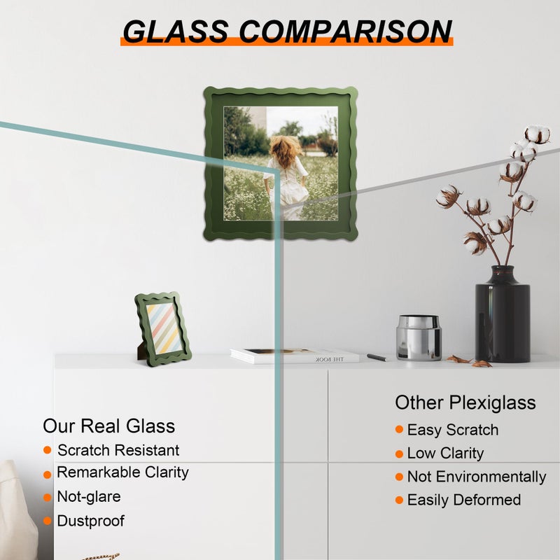 THKRLOF 4x4 Picture Frame with Mat for 3x3, Wavy Edge Wooden Real Glass Photo Frame for Tabletop and Wall Hanging, Green, 1 Pack - Image 2